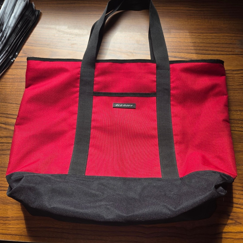 Old Navy Red Black Canvas Tote Bag Zipper Top Mesh Pocket Utility Beach Gym Bag